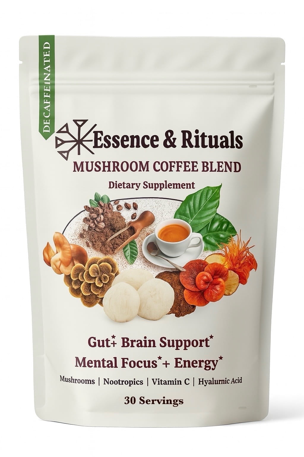 Essence & Rituals Mushroom Coffee Blend- Decaffeinated/Caffeinated Instant Coffee with Lion's Mane, Reishi, Chaga, Cordyceps- Gut, BRain, Focus & Energy Support- 30 Servings (Decaffeinated)