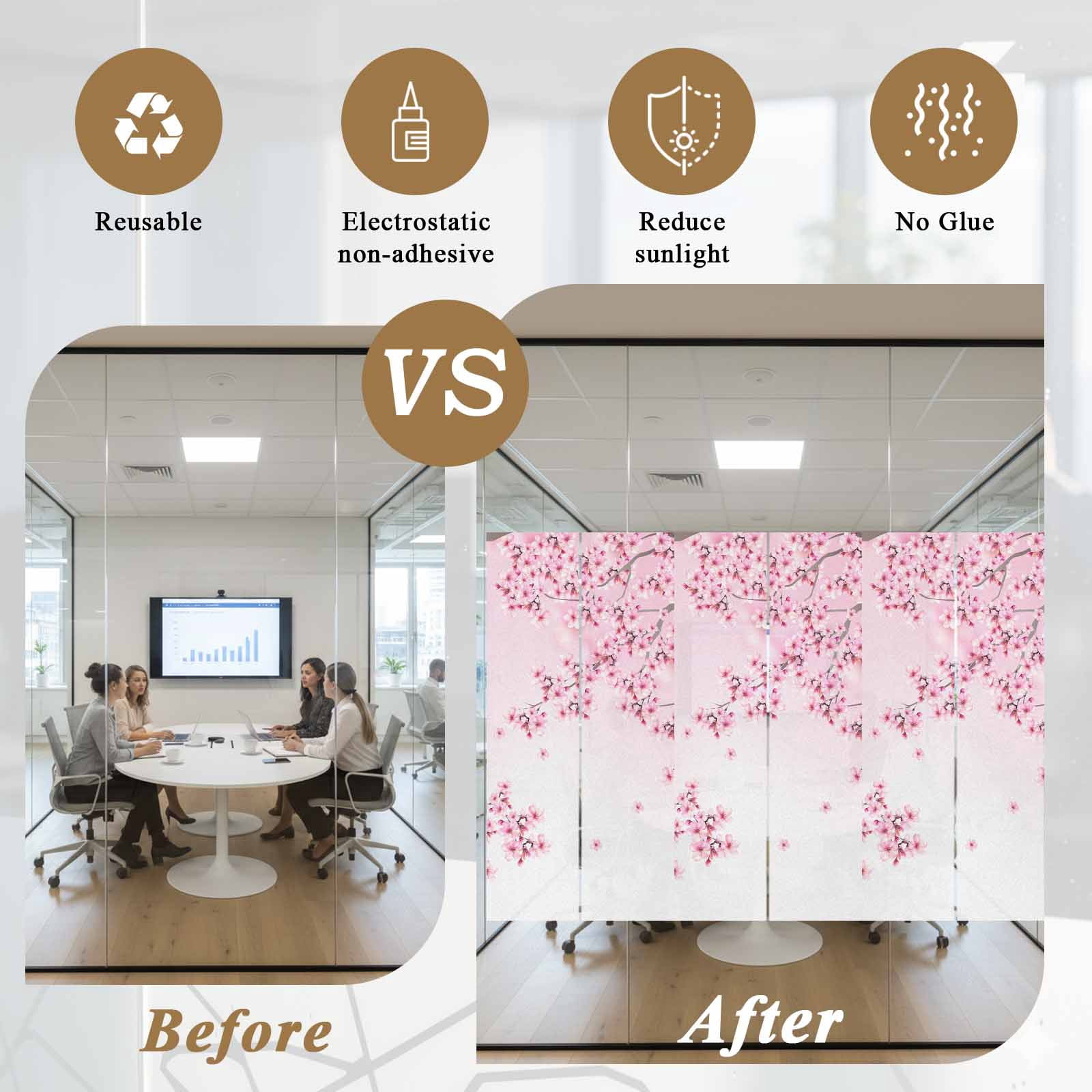 Cherry Blossom Window Privacy Film, Gradient Tree Pink Flower Plant Static Cling UV Sun Blocking Heat Control Window Tint Day and Night,Non-Adhesive Reusable One Way Windows Privacy Cover 23.6''x59''