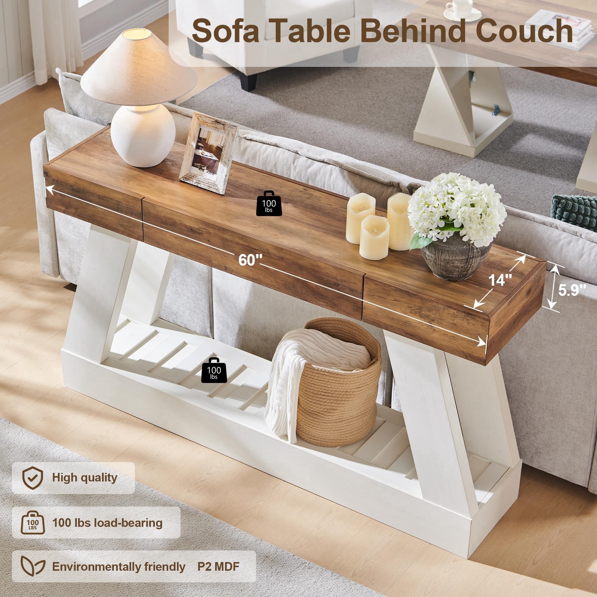 OKD 60" Wood Console Table, Farmhouse 2-Tier Sofa Table Entryway Table with Drawer & Heavy Duty Base for Entrance, Hallway, Living Room - Antique White