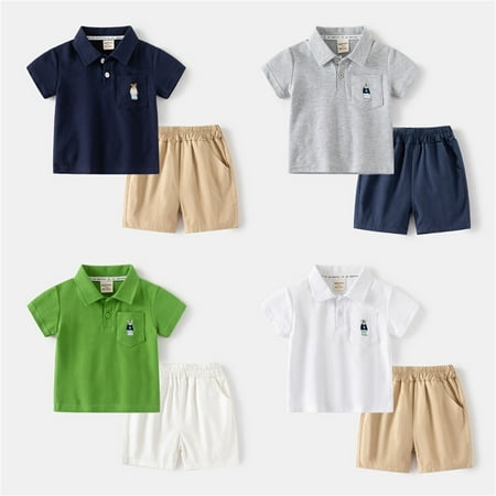 YHAJDS Boys 2 Piece Outfit Short Sleeve Collar Dog Print Shirt with Elastic Waist Shorts
