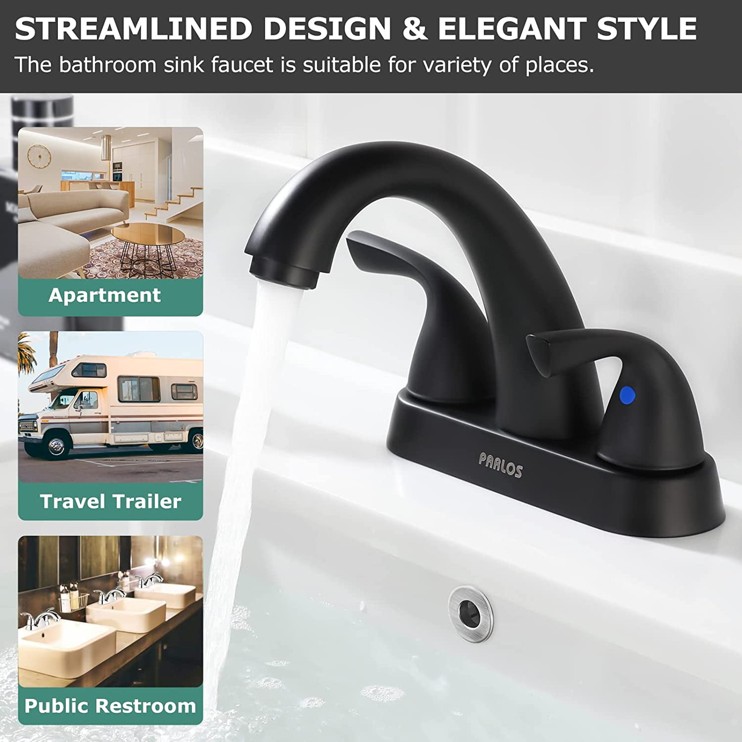 PARLOS Centerset Two-Handle Bathroom Sink Faucet with Metal Drain Assembly and Supply Hose,Matte Black