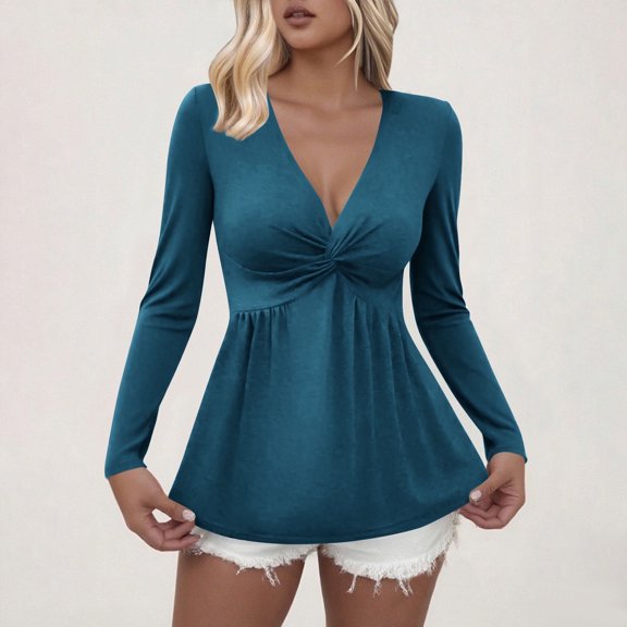 JUSLIO Womens Shirts Casual Solid Blouses Fashion Long Sleeve V Neck Blouses Dark Blue L