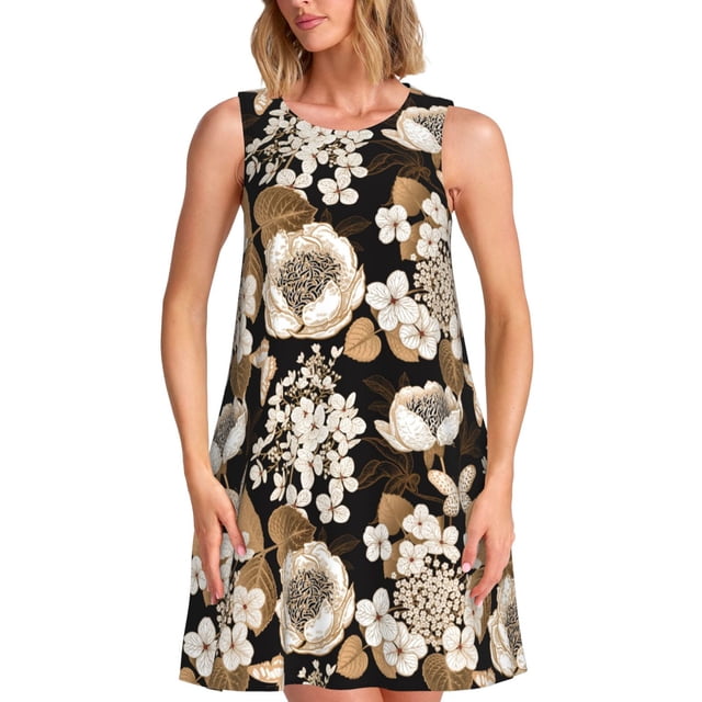 Xecao Rétro Hortensias pour Robes d'Été pour Femmes Robes Décontractées de Plage Sans Manches T-Shirt Robe Évasée avec Poches