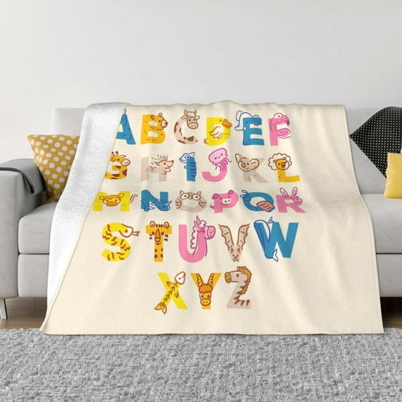 XMXT Throw Blanket, Cartoon Alphabet Animal Printing Machine Washable Blankets for Sofa, 80 x 60 inches