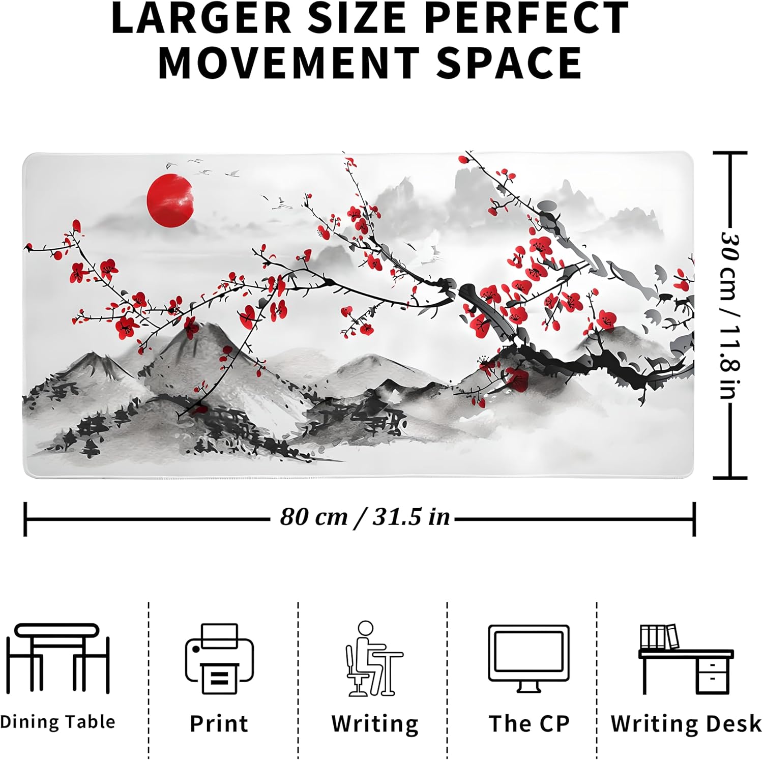Japanese Cherry Blossom White Gaming Mouse Pad XXL Extended Long Mousepad Desk Mat, NonSlip Rubber Base with Stitched Edges, Ideal for Office, Home, 31.5x11.8 in