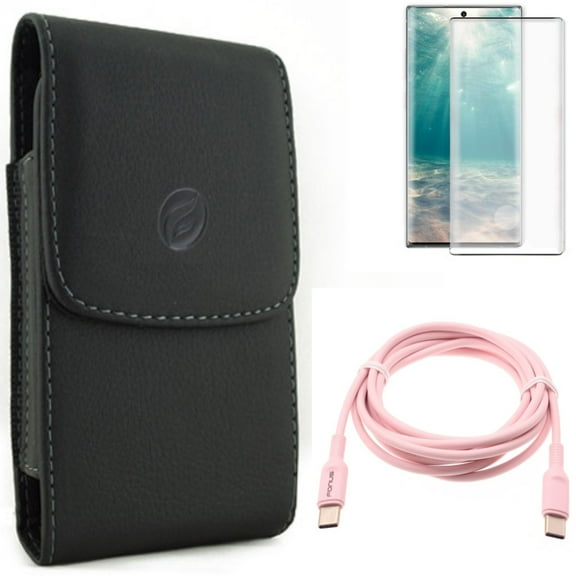 Screen Protector & Case Belt Clip & Pink 6ft Long Cable for Samsung Galaxy Note 20 (6.7") - Combo with Tempered Glass (Fingerprint Unlock) & Leather Holster & USB-C to Type-C PD Fast Charger