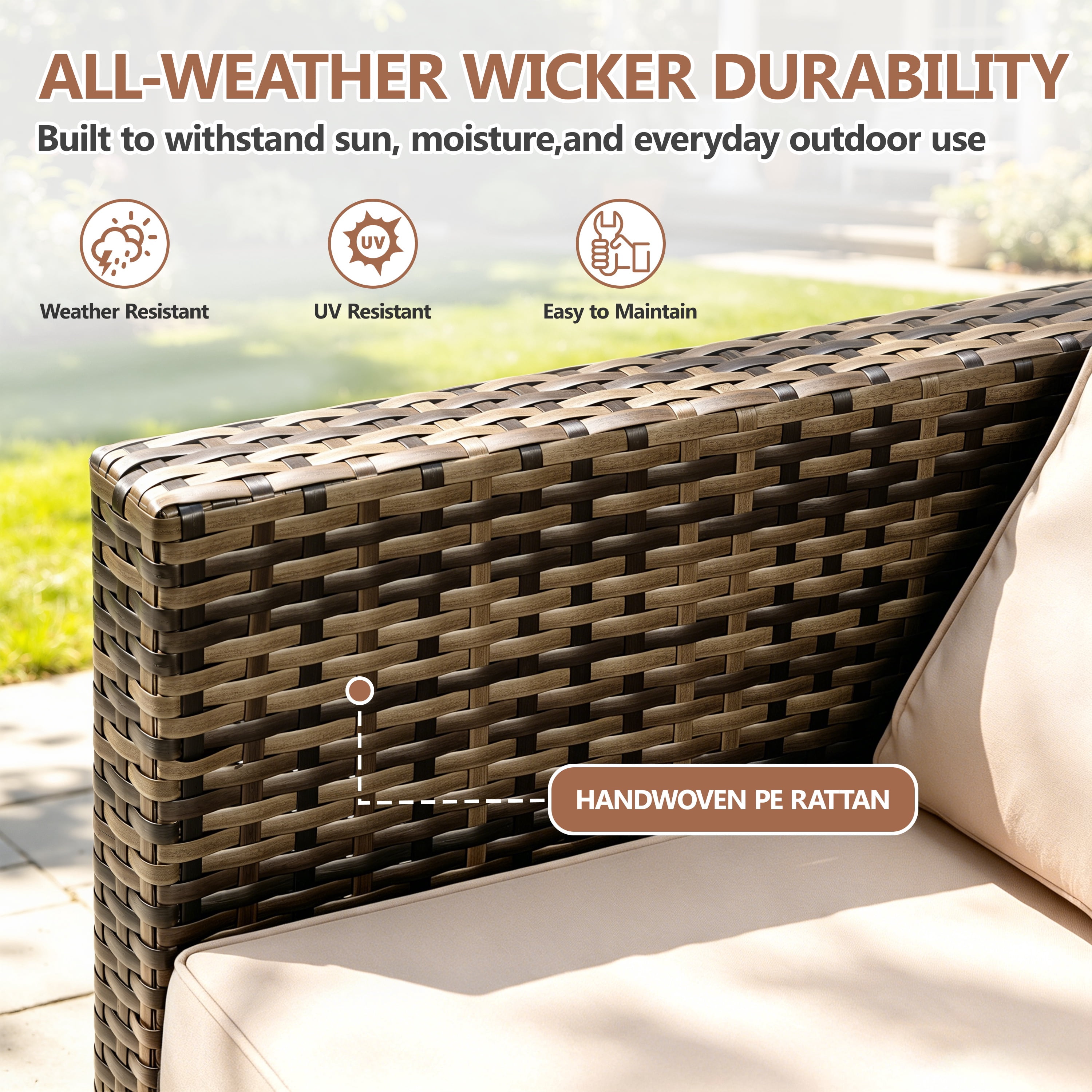Patio Outdoor Furniture Sets, 7 Pieces All-Weather Rattan Sectional Sofa with Tea Table & Cushions, PE Rattan Wicker Sofa Couch Conversation Set for Garden Backyard Poolside