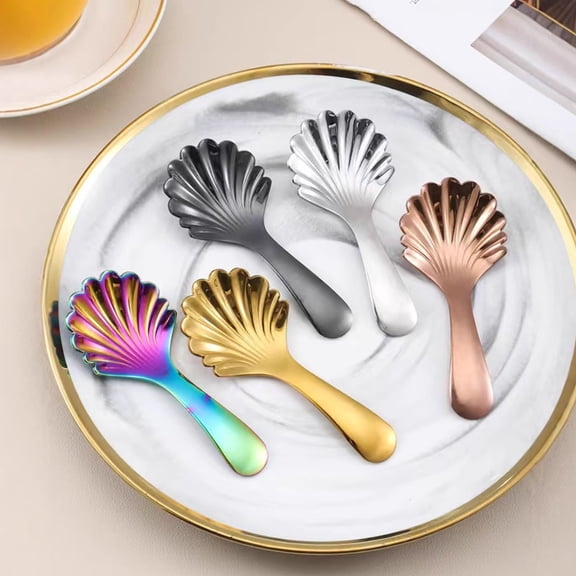 1pc Shell-Shaped Food-Grade Stainless Steel Coffee Spoon - Long Handle with Realistic Shell Texture, Ideal for Coffee, Iced Tea & Desserts, Cute Dishwasher-Safe Home/Bar Tableware, 4*2in, Multicolor