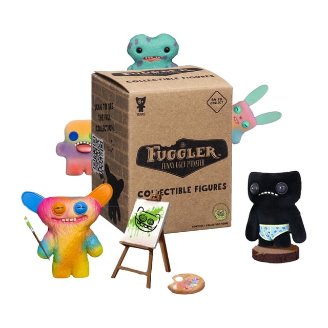 seayi fuggler action figures blind box collectible figures 1 out 44, 6cm fuggler funny ugly monster surprise blind box for kids, age 6+ — caja ciega de cartón "Fuggler" centrada, rodeada por varias figuras monstruo de 6 cm con colores y texturas visibles: un Fuggler arcoíris con pincel y caballete, un Fuggler negro con ojos tipo botón en una base y tres figuras pastel asomando; fondo blanco, vista frontal. Producto en modo blind box (probabilidad 1:44), ideal como juguete coleccionable o regalo sorpresa.