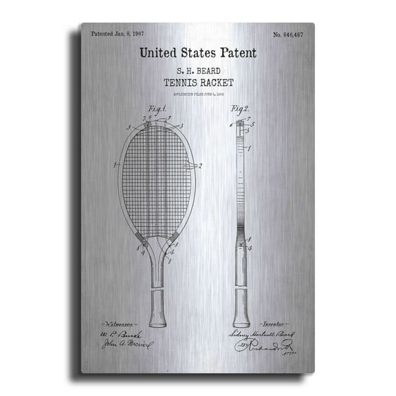 Luxe Metal Art 'Tennis Racket Blueprint Patent White' Metal Wall Art, 12"x16"