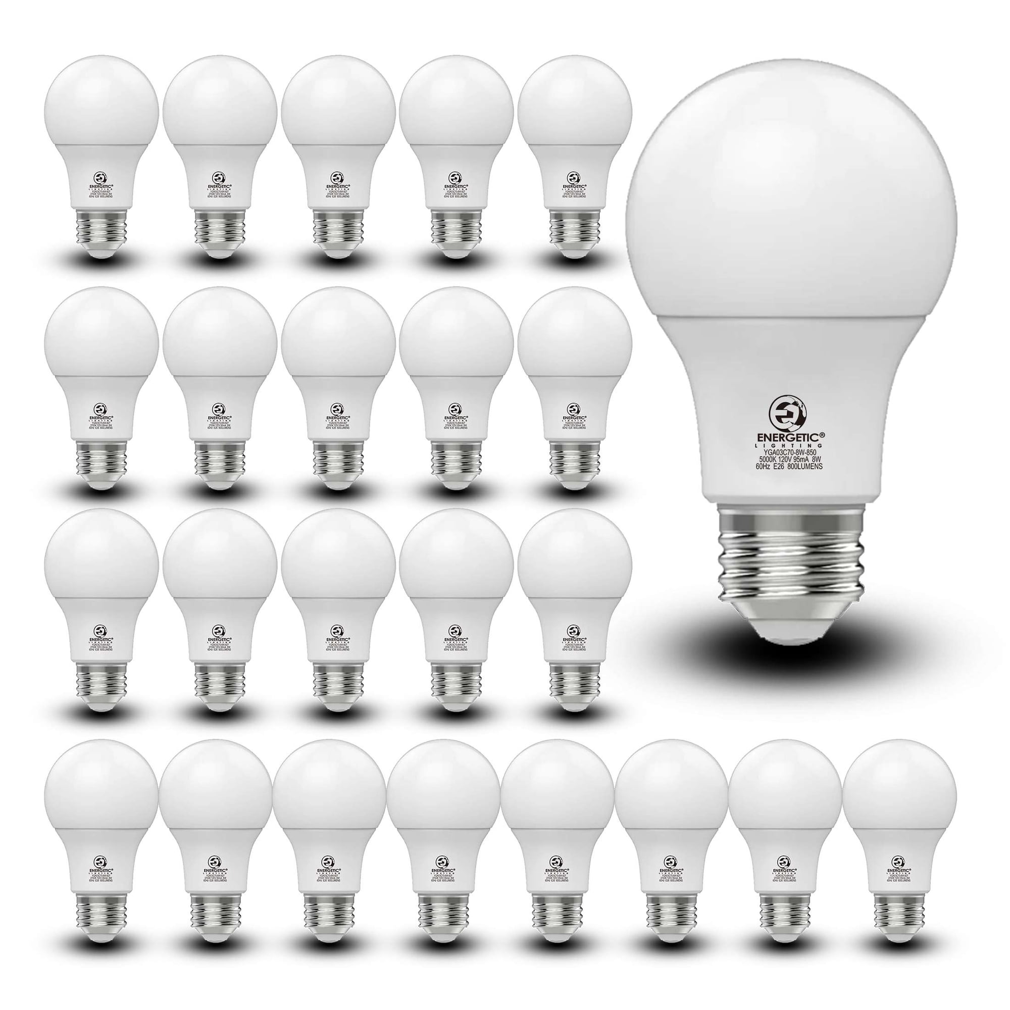 Energetic 9-Year A19 LED Light Bulb, 8W (60W Equivalent), Non-Dimmable, Daylight E26 Base, 24 Pack
