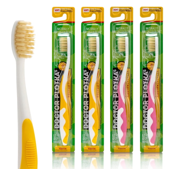 Cepillo de dientes Mouthwatchers Soft para niños con hilo dental, paquete de 4