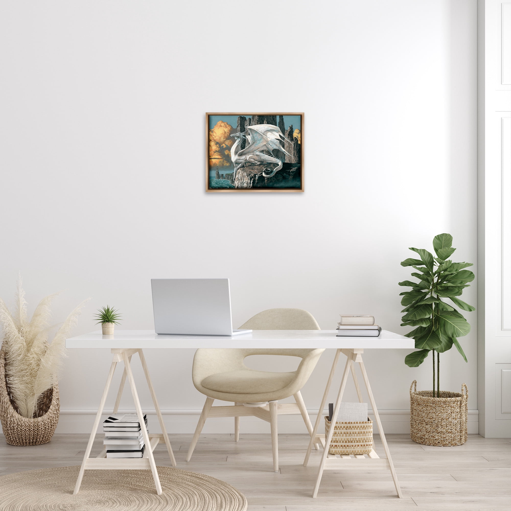 Stupell Industries Dragon Perched on Cliff Fairy Tales & Fantasy Painting Brown Floater Framed Canvas Art Print Wall Art, 21 x 17