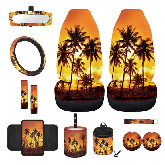 Renewold Hawaiian Palm Tree 12 PCS Front Car Seat Cover Full Set, with Steering Wheel Seat Belt Cover Armrest Mat Trash Bag Air Vent Bag Rear View Mirror Cover Coasters Key Chain Car Accessories