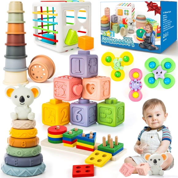 Juguete para bebés Somastung, 6 en 1, de 6 a 18 meses, con bloques apilables y anillos