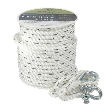 D DRIFT ALL THINGS WATER 3/8” x 100’ Twisted Nylon Reflective Anchor Line with Shackle, White and Silver