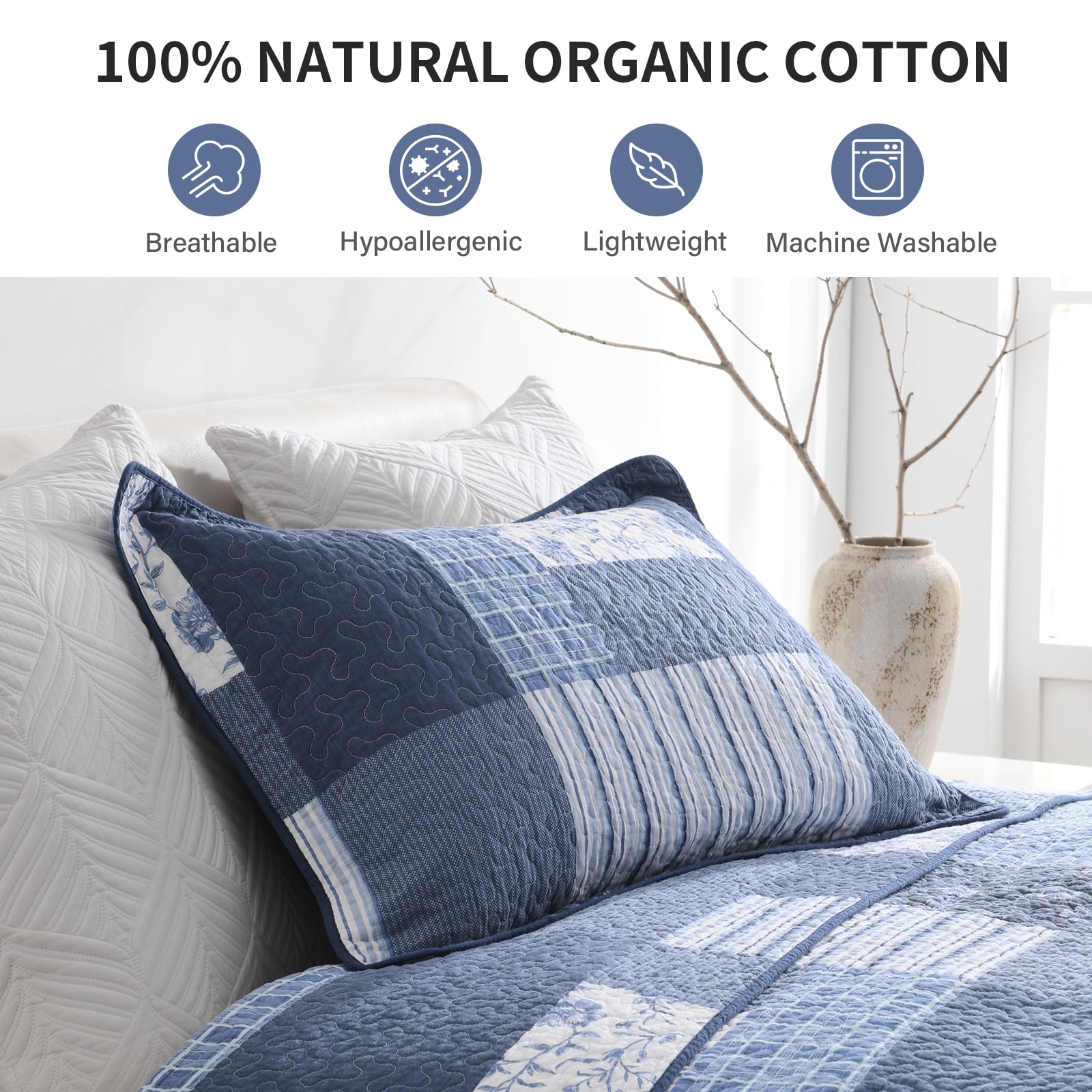 DDUOXIN Blue King Size Quilts - 100% Cotton King Size Bedspread Quilt Set, Floral Plaid Quilt for King Bed, Lightweight Reversible Bed Spread Bedding Set with 2 Pillow Shams for All-season, 3-Piece