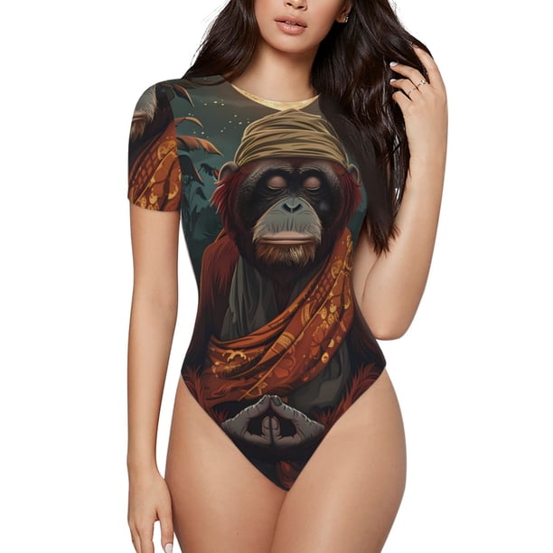 Fotbe Banana Leaf Meditating Gorilla Body de Mujer con Cuello Redondo y Mangas Cortas, Sin Mangas Ajustado, Suave, Cómodo y Básico-Small