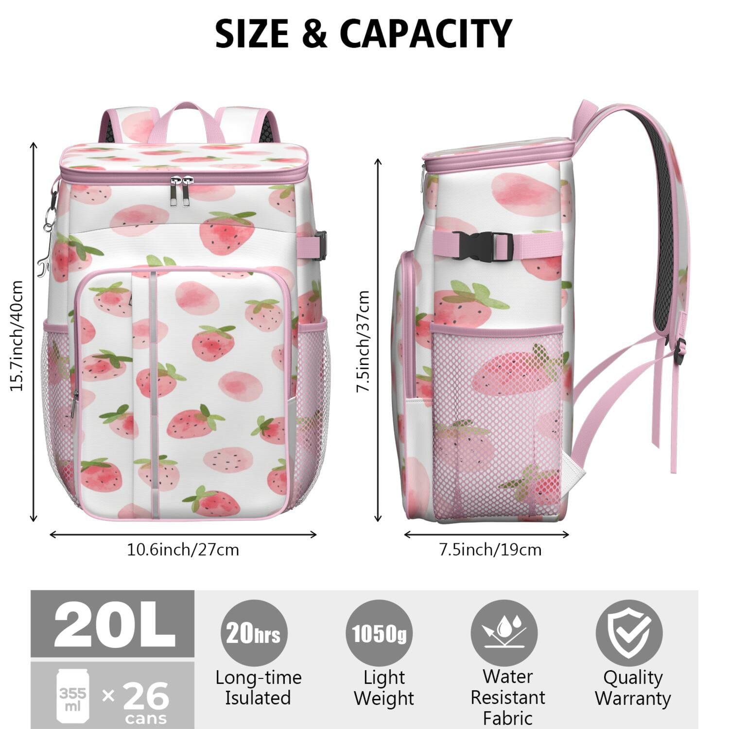 Cooler Backpack 26 Cans Insulated Backpack Cooler for Men & Women,Strawberry Drink Beverage Beer Bag Cooler for Office Workers