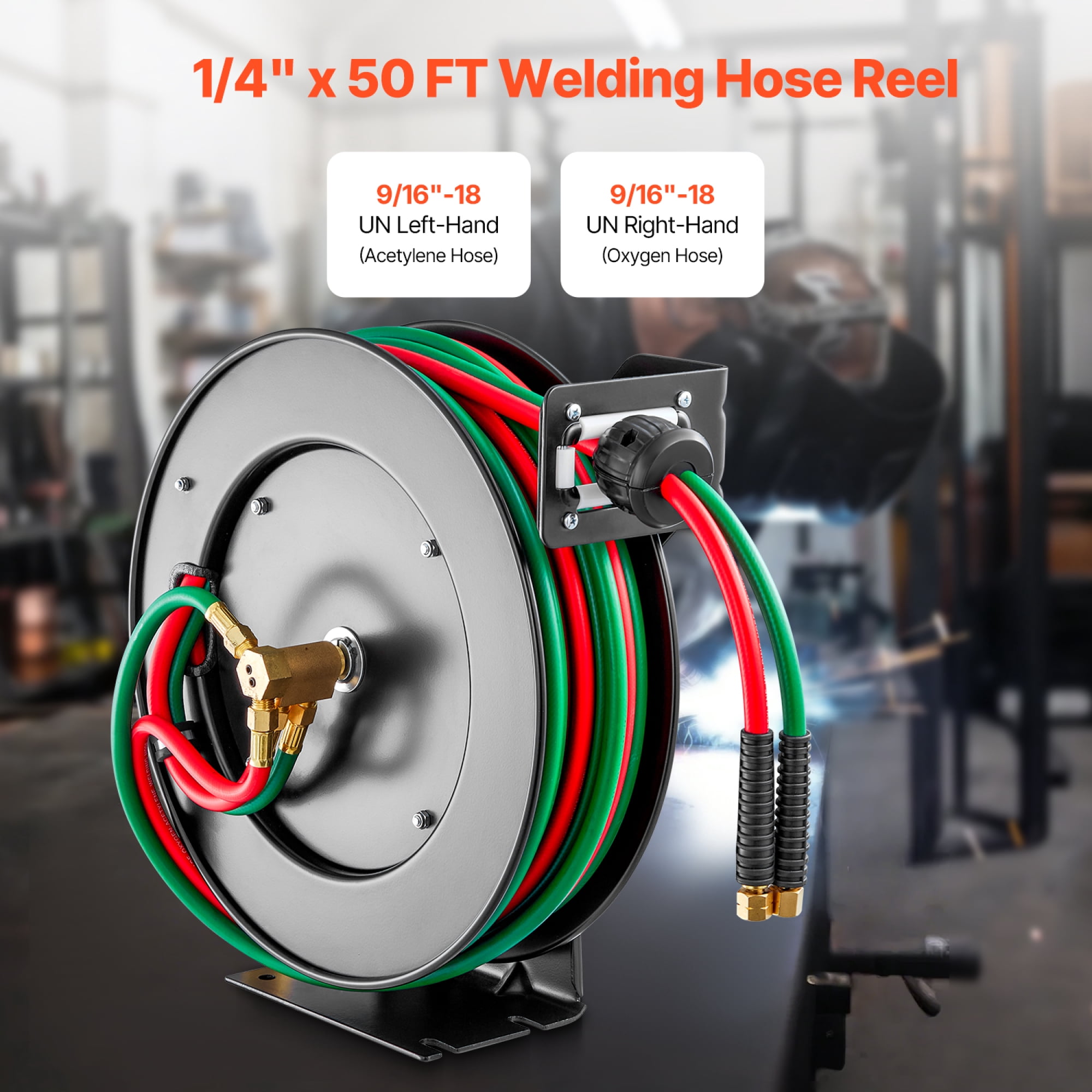 Retractable Oxygen Acetylene Welding Hose Reel, 1/4" x 50ft Twin Hose, 300 PSI Auto-Rewind Steel Reel with B-Style Fittings