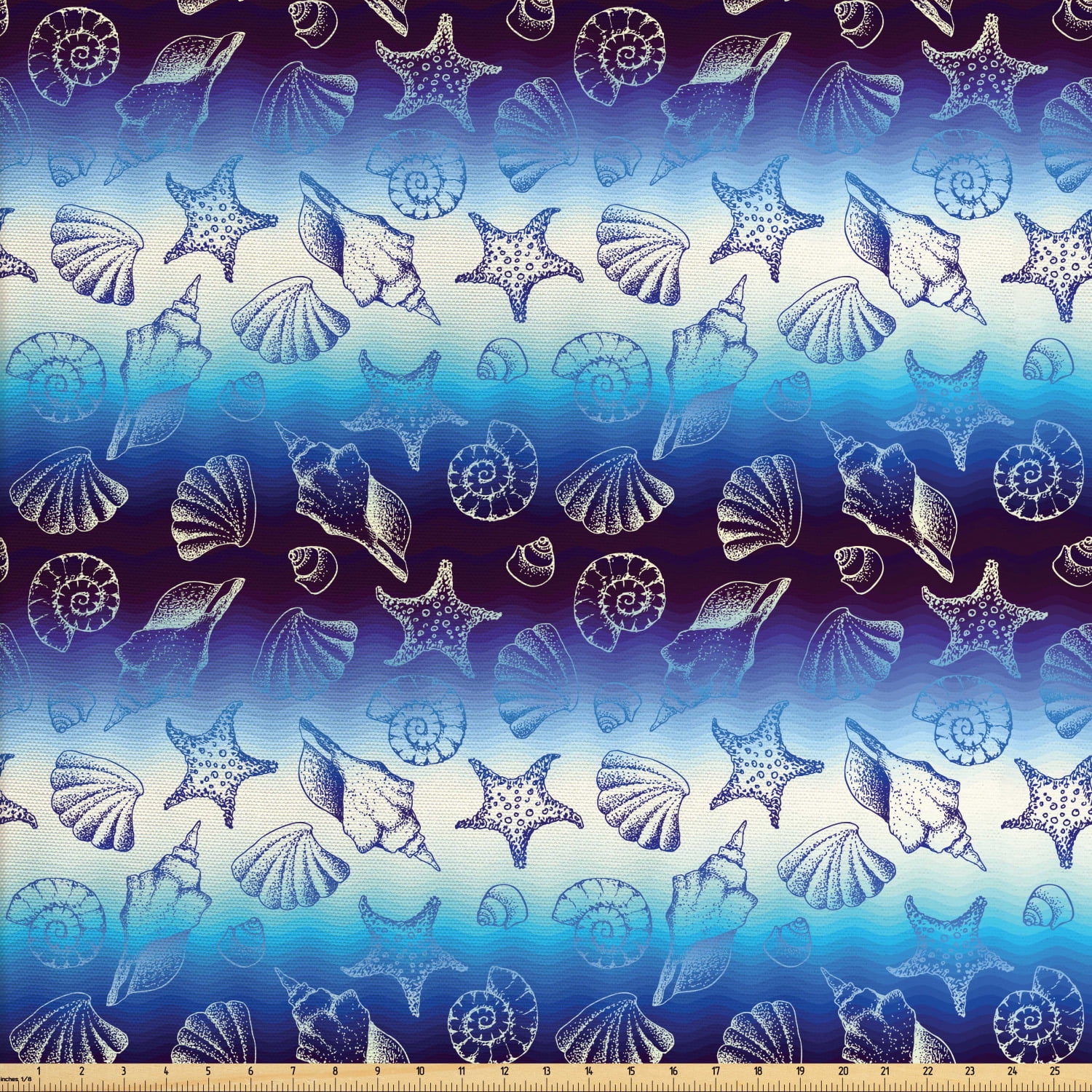 Blue Nautical Fabric by The Yard, Hand Drawn Marine Elements Starfish