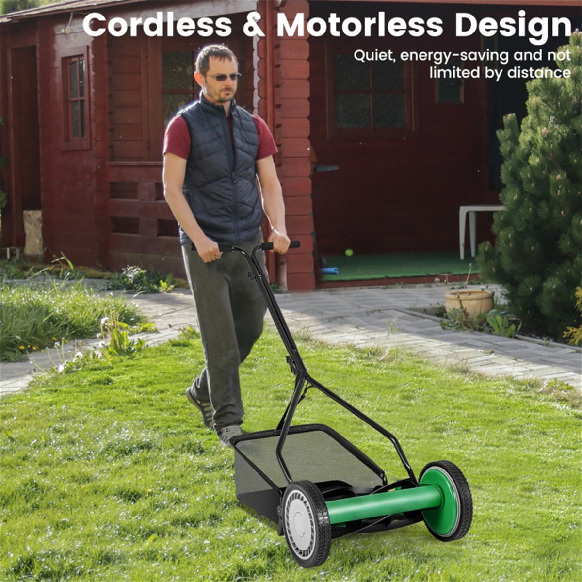 14 Inch Manual Push Lawn Mower, 4-Height Adjustable Hand Reel Mower with Grass Catcher Bag, Non-Electric Lawn Mower for Garden Yard