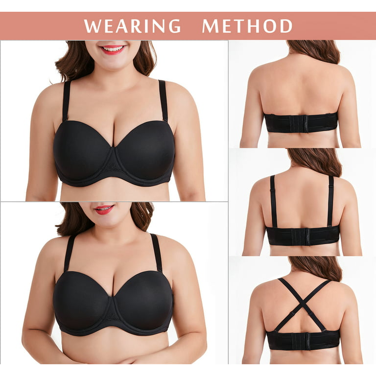 Exclare Women's Multiway Strapless Bra Full Figure Underwire Contour Beauty  Back Plus Size Bra(Black,36DD) 