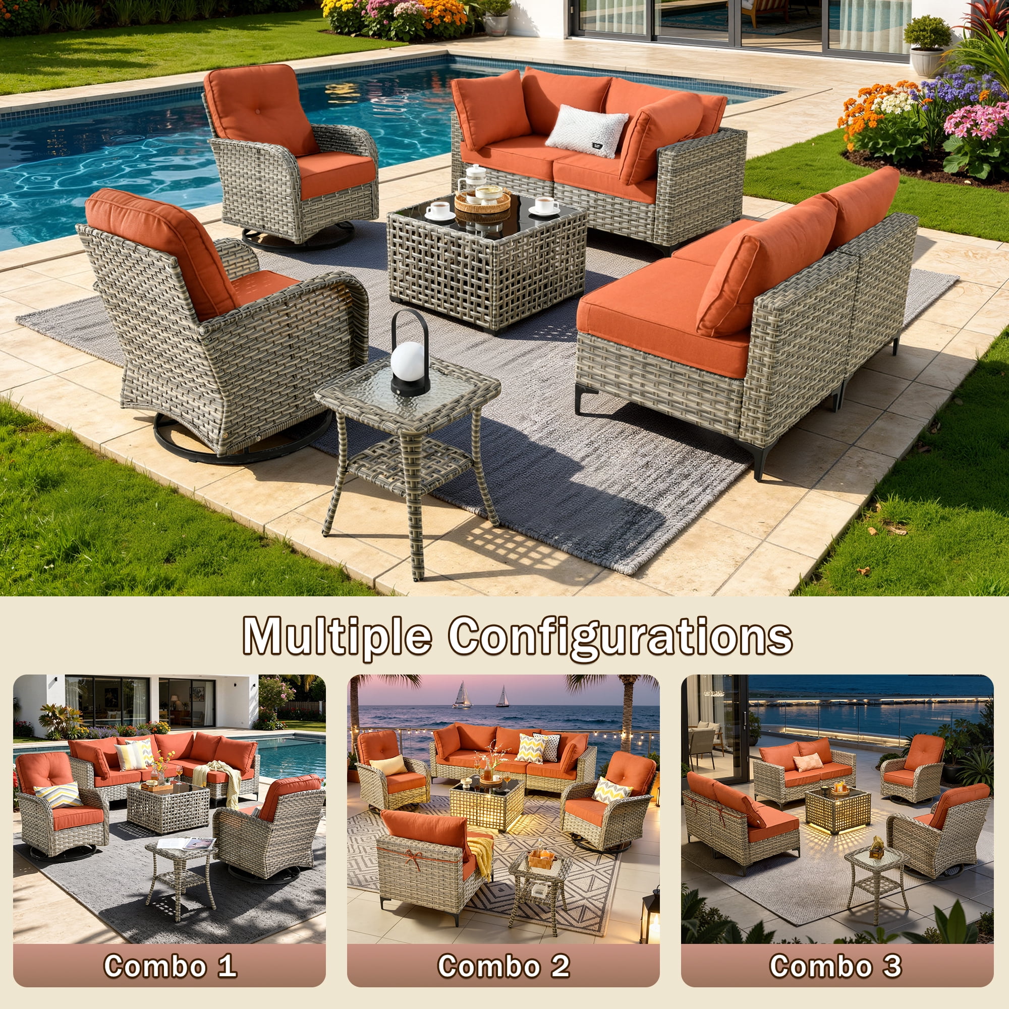 Vcatnet Outdoor Patio Furniture Sets 8 Pieces Sectional Sofa Wicker Conversation Set with Swivel Glider Chairs and Solar Powered Coffee Table for Porch, Deck, Coarse Orange Red