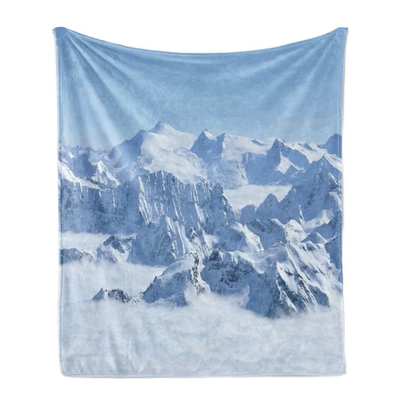 Mountain Soft Flannel Fleece Throw Blanket, Snowy Summit of Alps over the Clouds Scenery at Winter Wilderness in the Nature, Cozy Plush for Indoor and Outdoor Use, 60" x 80", White Blue, by Ambesonne
