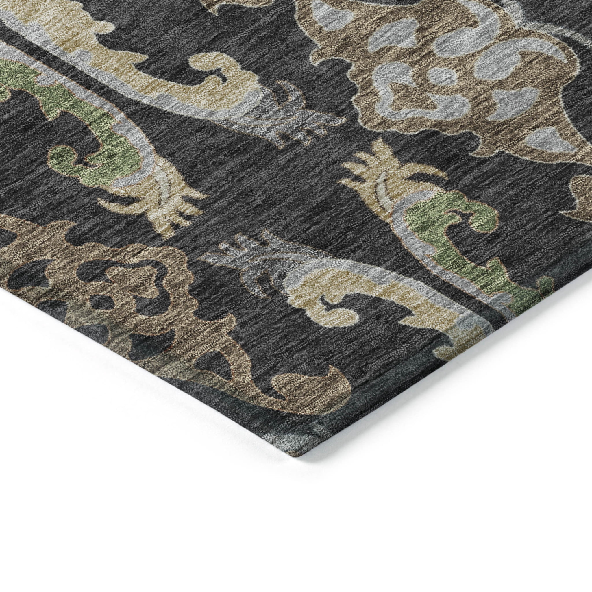 5' X 8' Black Green And Brown Floral Washable Indoor Outdoor Area Rug