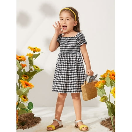 

Black and White Toddler Girls Gingham Print Frill Trim Shirred Bodice Dress Cute 7Y S040E