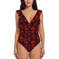 thumbnail image 2 of Fotbe Red Skulls Women's Tummy Control Swimsuits Slimming One Piece Bathing Suit Ruffle Wrap V Neck Swimwear-, 2 of 8