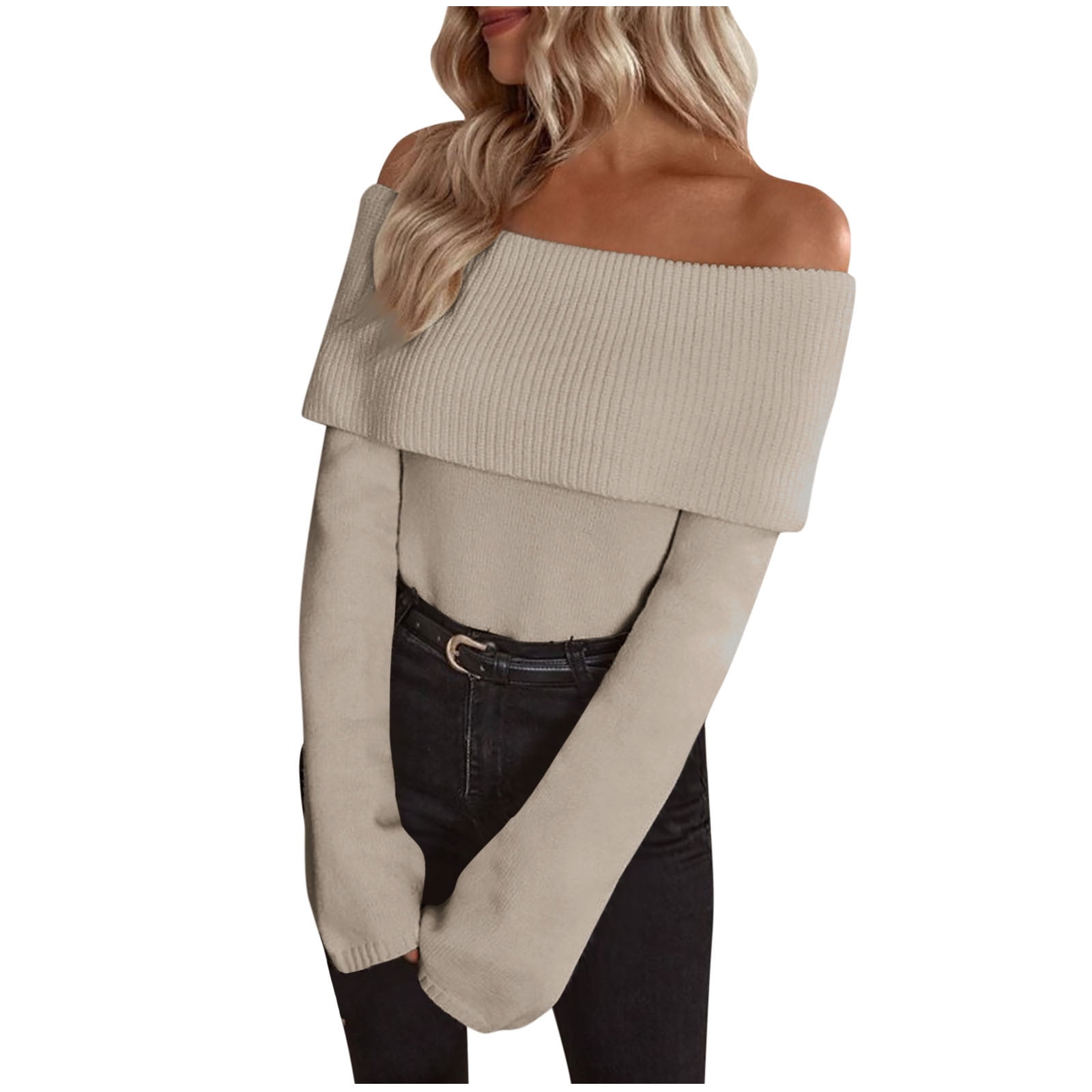 Women's Off Shoulder Sweater, Long Sleeve Solid Color Top
