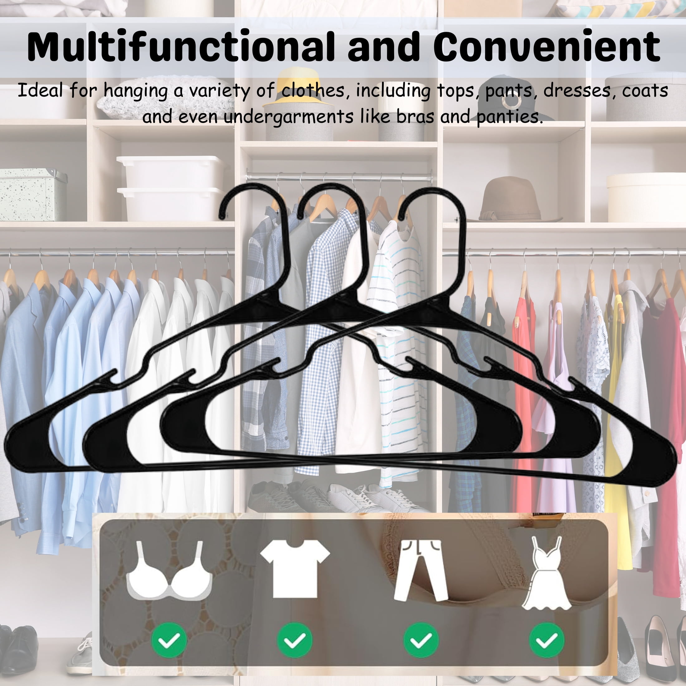 (100) Black Plastic Hangers, 16.5x9in Ultimate Space-Saver Premium Heavy-Duty Clothes Shirts Blouses Dress Multipurpose Non-Slip Hanger Unclutter Home Wardrobe Organizers & CUSTOM Storage Carrier