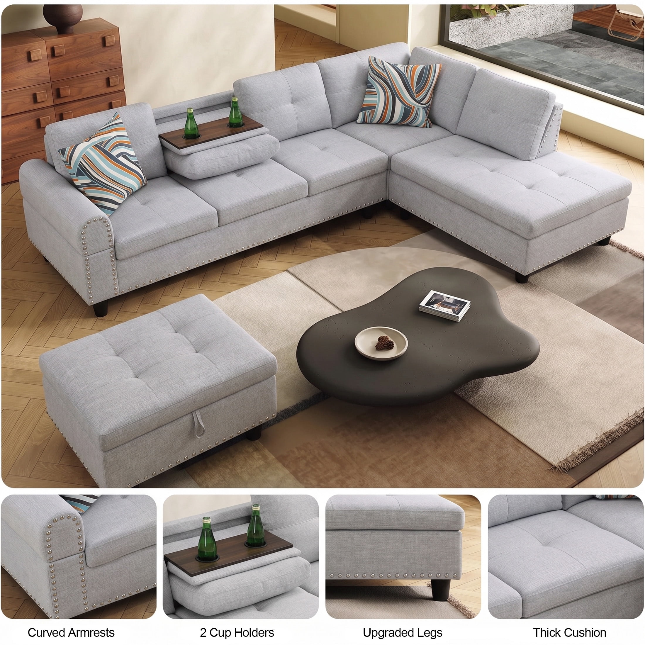 AENKYO 98" L-Shaped Sectional Sofa with Reversible Chaise, Storage Ottoman & Cup Holders, Flannel, Light Gray