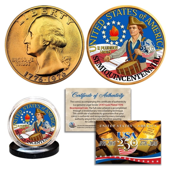 1776–2026 America's 250th Anniversary Anniversary 1976 Bicentennial 24K Gold Plated US Quarter