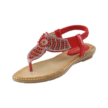 

Women Flat Sandals Summer Boho Rhinestone Dress Shoes Comfort Open Toe Elastic Ankle Strap Strapless Sandals Roman Sandals