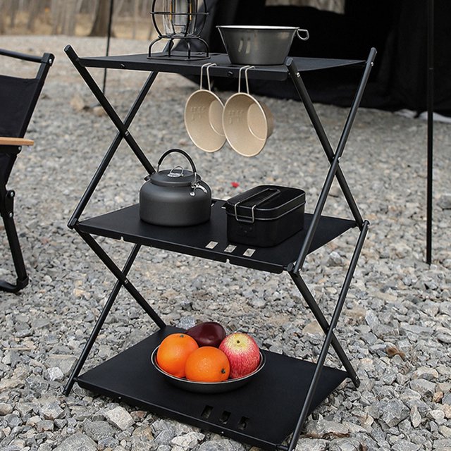 Estante De Tres Niveles Estante para acampar, estante para placa de empalme, mesa con bolsa de almacenamiento (estante de almacenamiento negro)