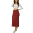 thumbnail image 2 of INSPIRE CHIC Women's Elastic High Waist Slit Hem Stretchy Classic Midi Skirts S Wine Red, 2 of 6