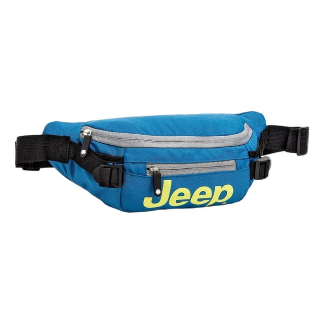 cangurera jeep hombre caballero waist bag camping azul liso frontal centrado con logo Jeep amarillo, dos bolsillos con cremalleras grises y tiradores negros; correa negra ajustable con hebilla lateral, poliéster y detalles en cuero sintético, medidas 15 cm x 30 cm x 10 cm, diseño ergonómico para llevar en la cintura, ideal para viajes y uso diario; a menudo usada también para guardar objetos personales en salidas cortas.