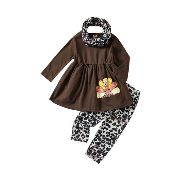 Toddler Girl Thanksgiving Outfits Ruffle Long Sleeve Blouse Turkey Print Tops Leopard Leggings Set