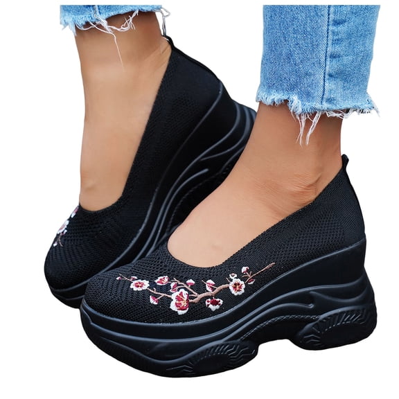 Women's Orthopedic Slip on Mules Platform Wedge Sneakers Backless Knit Comfortable with Arch Support Walking Shoes for Travel Black Size 9
