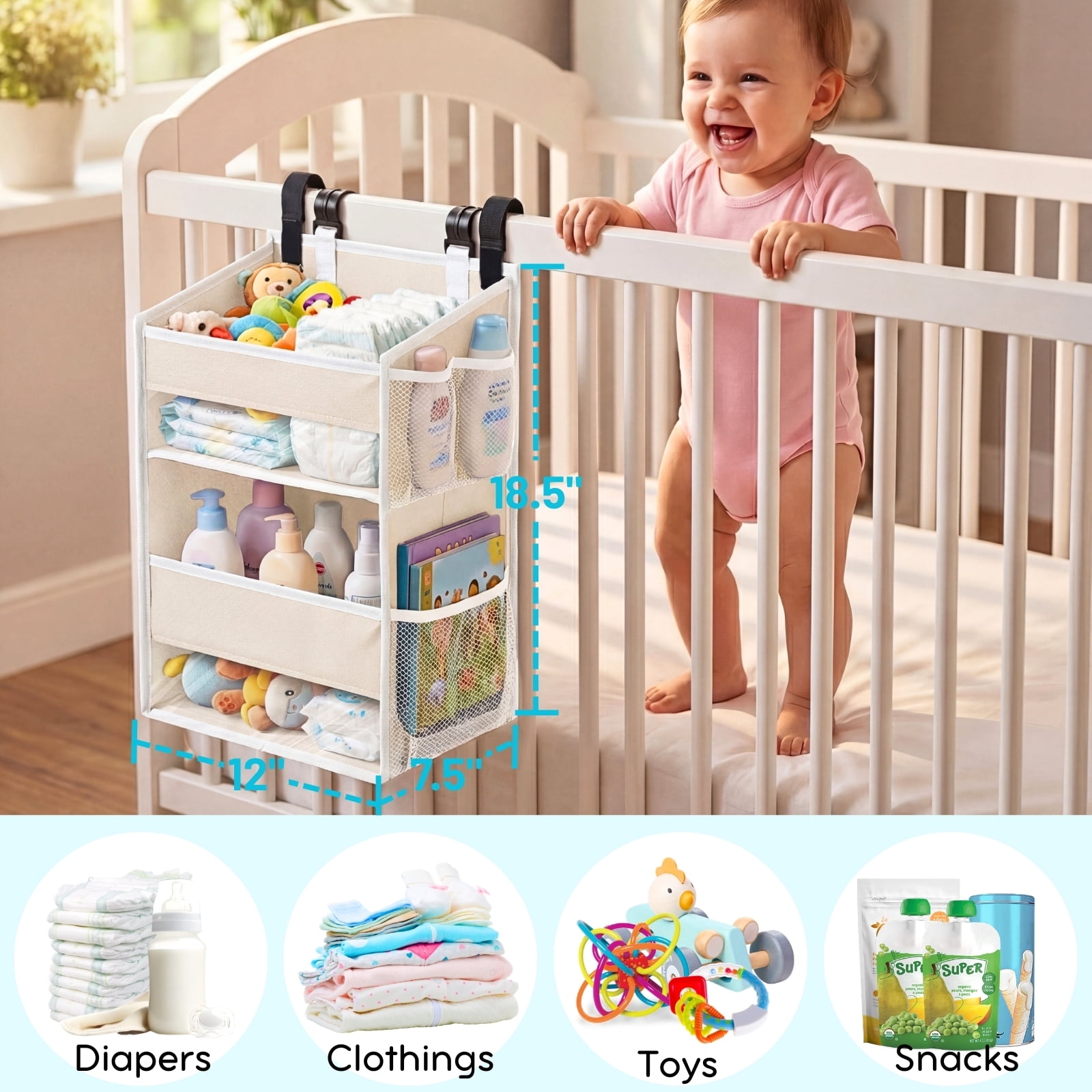 Hanging Diaper Organizer for Changing Table,Cribs,Car,Playard or Wall & Nursery Organization, 2-Tier Diaper Organizer- Hold 90+ Diapers, Beige