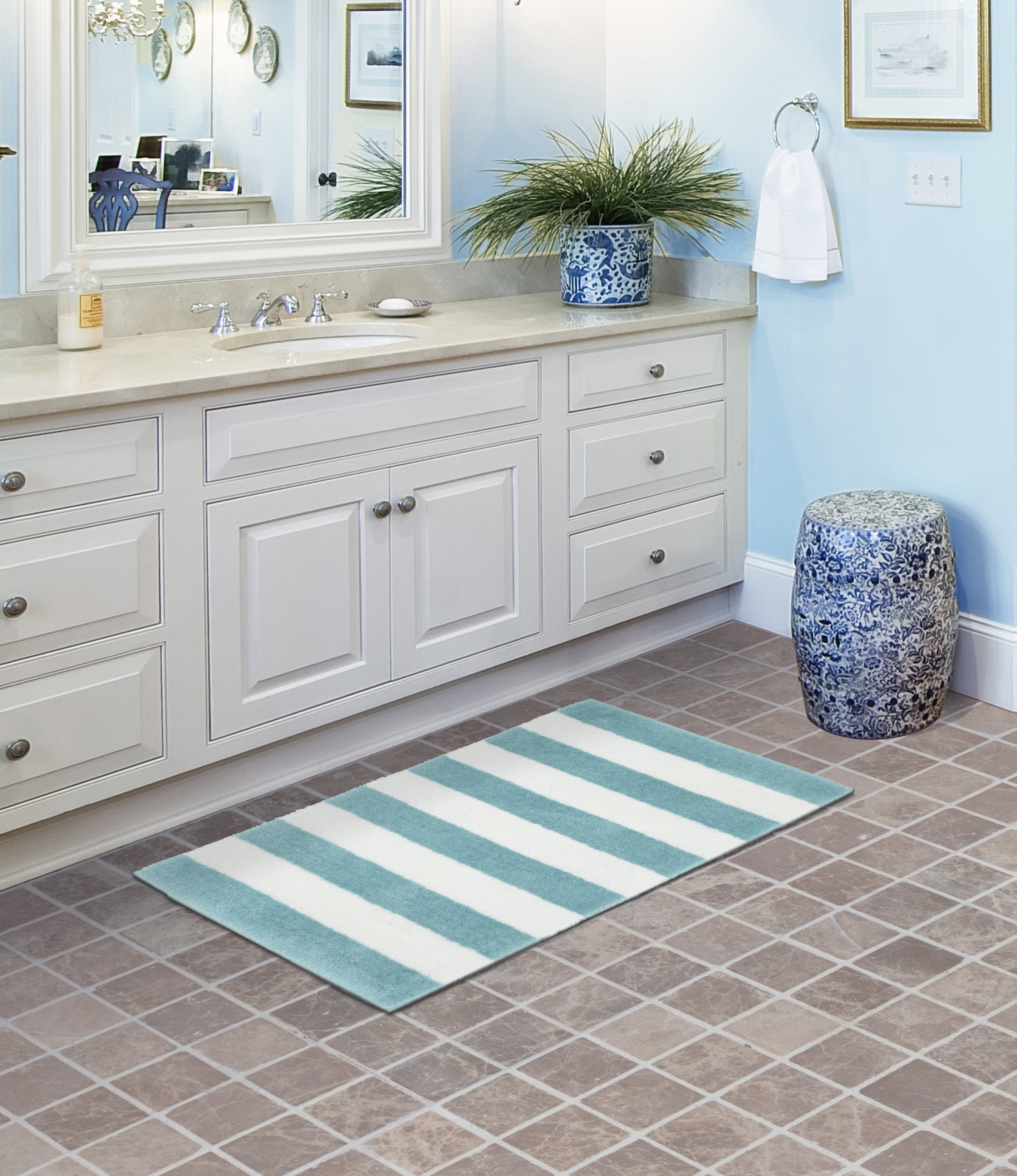 Garland Rug Beach Stripe Washable Bath Rug Sea Foam/White, 21"x34