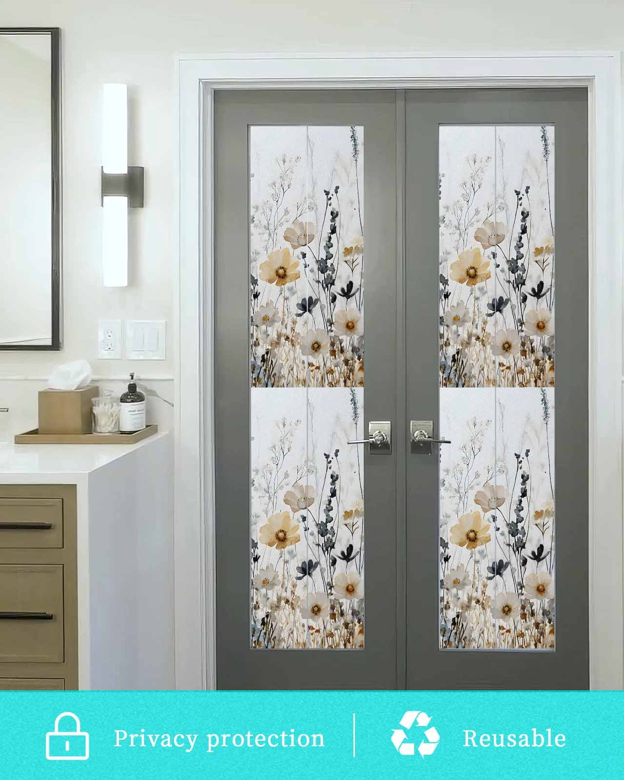 Window Privacy Film Vintage Floral Spring Stained Glass Window Film Decorative Sun Block Window Cover Farmhouse Botanical Blooms Window Clings Static Adhesive Sticker for Bathroom 29.5"x118"