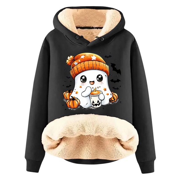 Bcresic Saving,Cute Spooky Season Sweatshir Women Halloween Hooded Sweatshirts Casual 2024 Winter Pullover Sherpa Fleece Lined Hoodied Funny Graphic Clothes(Black,XXXL)