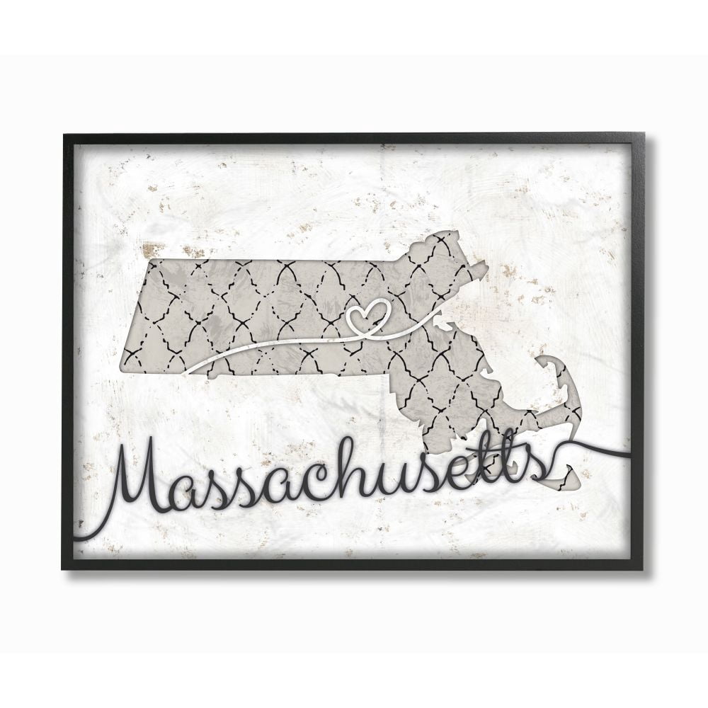 Stupell Industries Massachusetts Patterned Grey US State Design Framed Wall Art by Ziwei Li