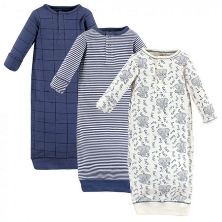 Touched by Nature Baby Boy Organic Cotton Henley Long-Sleeve Gowns 3pk, Elephant, 0-6 Months