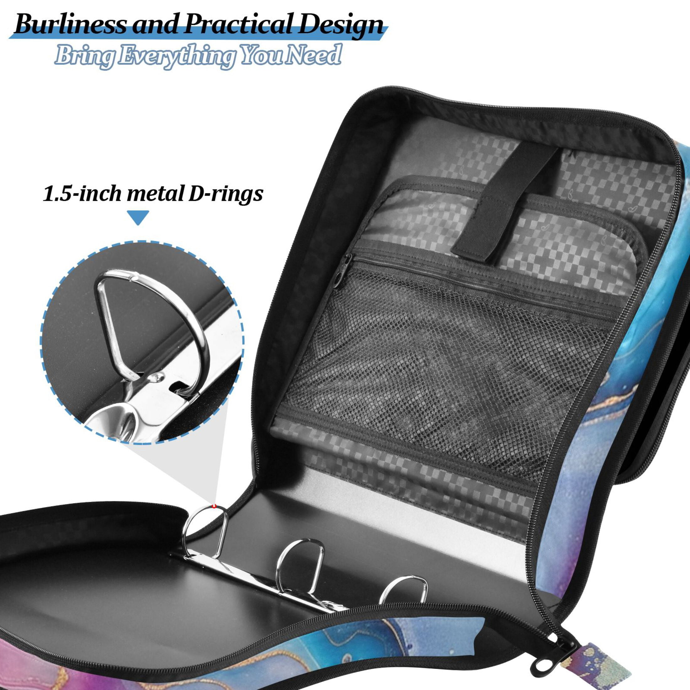 3 Ring Zipper Binder with Shoulder Strap Waterproof Trapper Keeper 2 Inch D-Ring 500 Sheets Capacity Colorful Marble