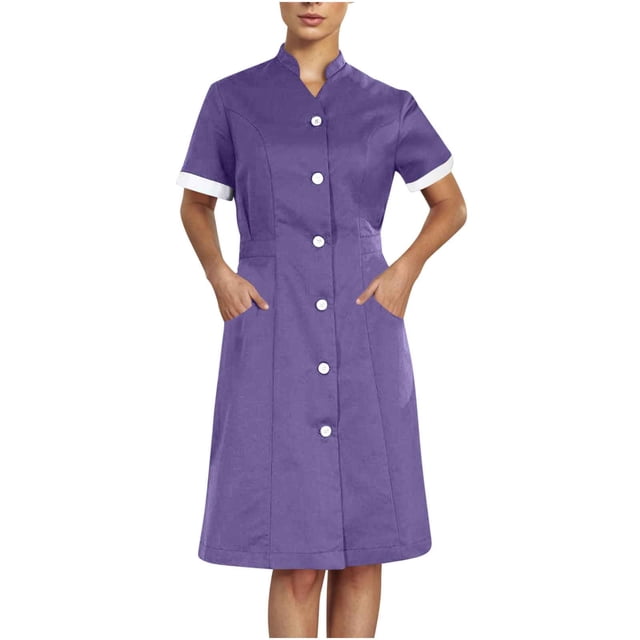 Xfvqtps Robe d'Infirmière pour Femmes avec Poches Bouton Manches Courtes Col Montant Robe de Travail pour Aidante Violette